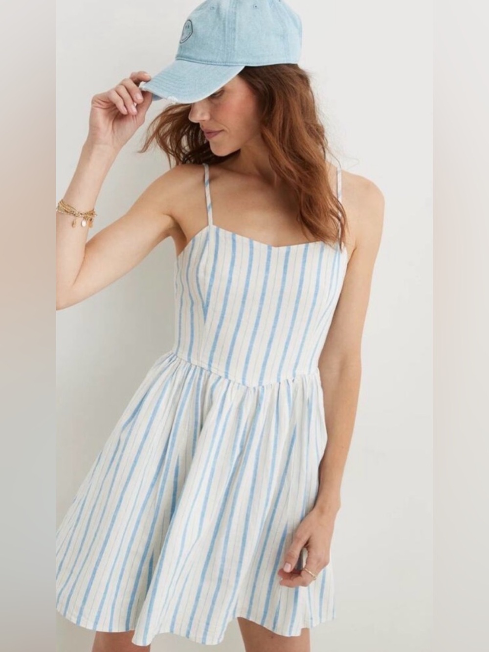 Aerie cotton summer dress pockets Light Blue Stripe  Strap Sundress Sz L